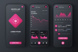 加密货币独特的应用程序app新的工具包。带有图表和金融分析的比特币挖掘屏幕。加密货币交易平台ui，ux模板。用于响应手机app移动应用程序的gui