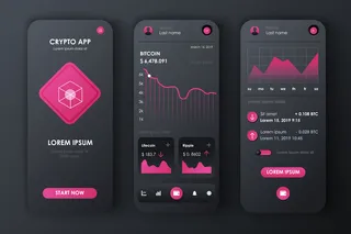 加密货币独特的应用程序app新的工具包。带有图表和金融分析的比特币挖掘屏幕。加密货币交易平台ui，ux模板。用于响应手机app移动应用程序的gui