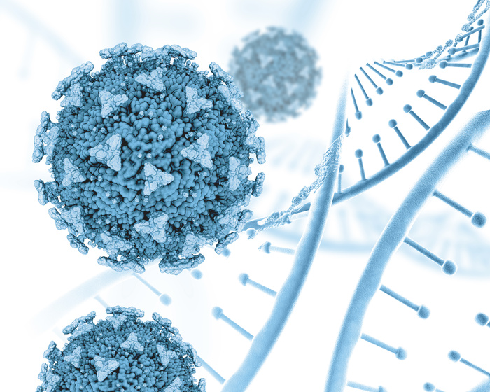 具有 dna 链和 covid 19 细胞的医学的 3d 渲染