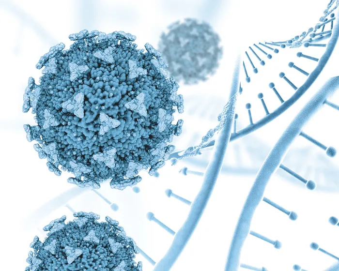 具有 dna 链和 covid 19 细胞的医学的 3d 渲染