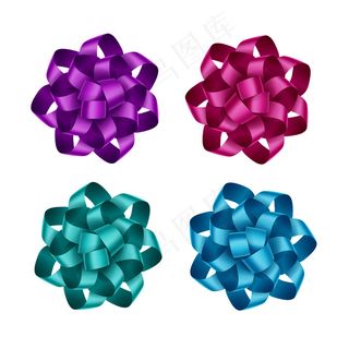 一套明亮的紫色洋红深粉色浅蓝色蓝色祖母绿礼品丝带蝴蝶结，白色背景特写