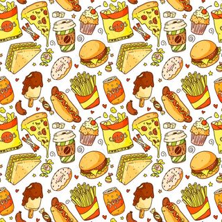 无缝图案，卡通披萨，汉堡，热狗，咖啡，薯条，三明治，甜甜圈，苏打水，薯条。快餐和饮料载体插图
