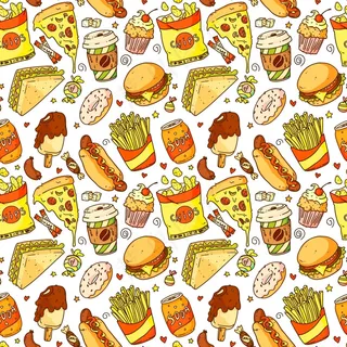 无缝图案，卡通披萨，汉堡，热狗，咖啡，薯条，三明治，甜甜圈，苏打水，薯条。快餐和饮料载体插图