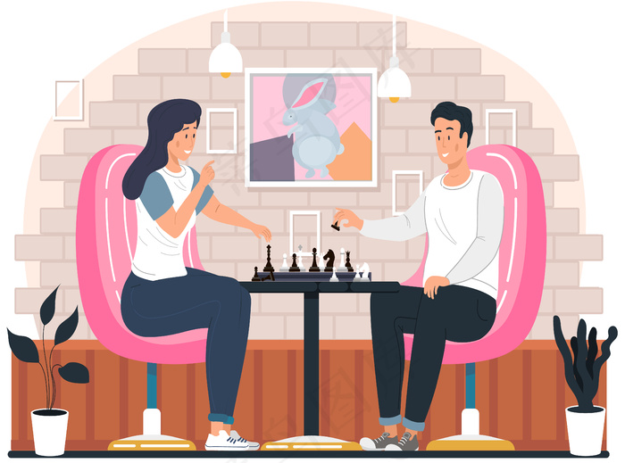 情侣在家下棋坐在餐桌旁温馨的客厅里eps,ai矢量模版下载