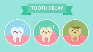 卡通牙齿和口腔内的牙龈对蛀牙问题很满意。牙齿上有牙菌斑。