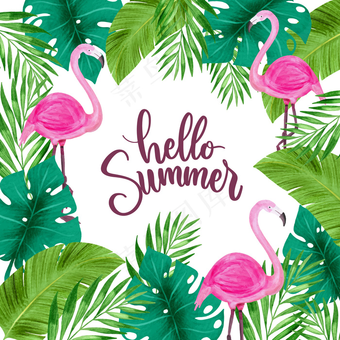 你好，夏天被树叶和火烈鸟包围