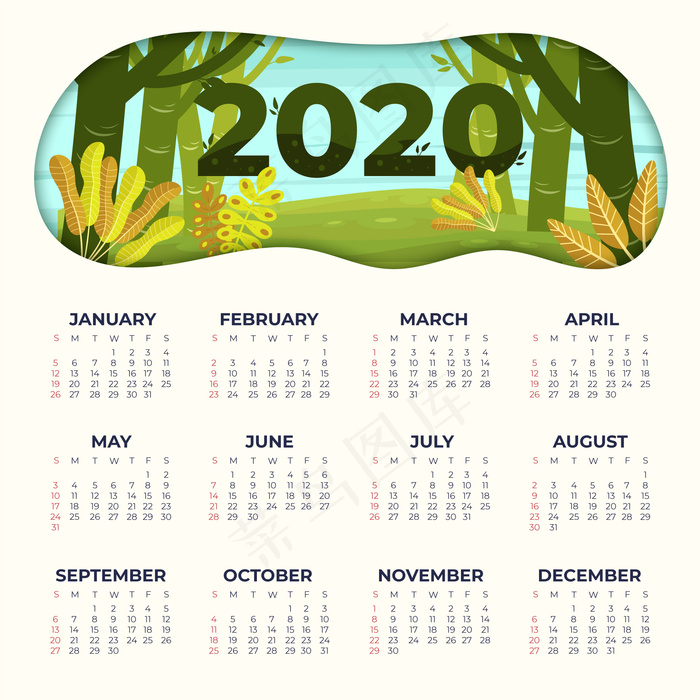 自然2020日历模板eps,ai矢量模版下载
