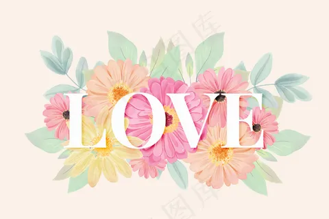 水彩花卉背景与爱的刻字