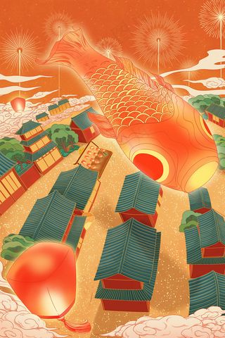 大气场景中国风过年喜庆电商建筑远景烟花