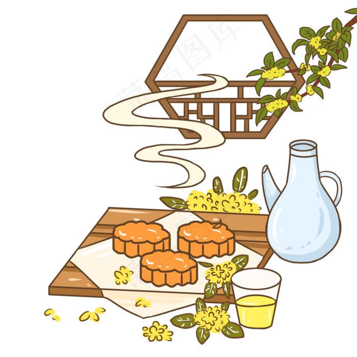 中秋节黄色卡通元素月饼桂花