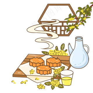 中秋节黄色卡通元素月饼桂花