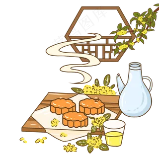 中秋节黄色卡通元素月饼桂花