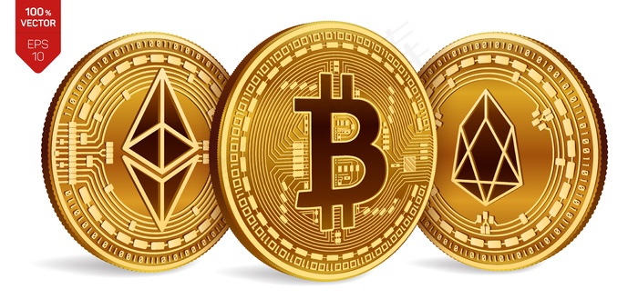 加密货币白色背景上带有比特币、eos和以太坊符号的金币。eps,ai矢量模版下载