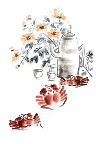 水墨重阳菊花螃蟹