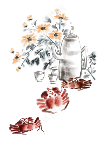 水墨重阳菊花螃蟹