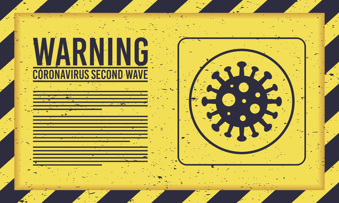 Covid19第二波运动，带有黄色标志的病毒颗粒