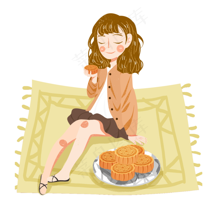 中秋吃月饼女生png素材(2000X2000(DPI:300))psd模版下载