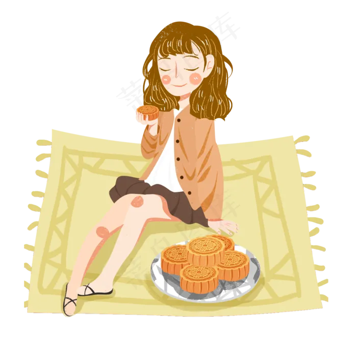 中秋吃月饼女生png素材(2000X2000(DPI:300))psd模版下载