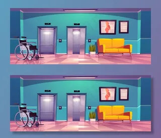 医院走廊有敞开的电梯门，黄色沙发和轮椅。