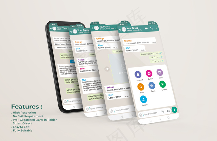 手机上的Whatsapp messenger模板和ui ux应用演示模型样机psd模版下载