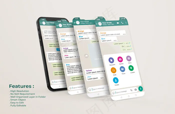 手机上的Whatsapp messenger模板和ui ux应用演示模型样机psd模版下载