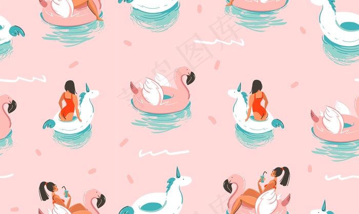 手绘股票抽象可爱的夏季卡通插图无缝模式与独角兽和火烈鸟橡胶戒指和海豚粉红色的背景。