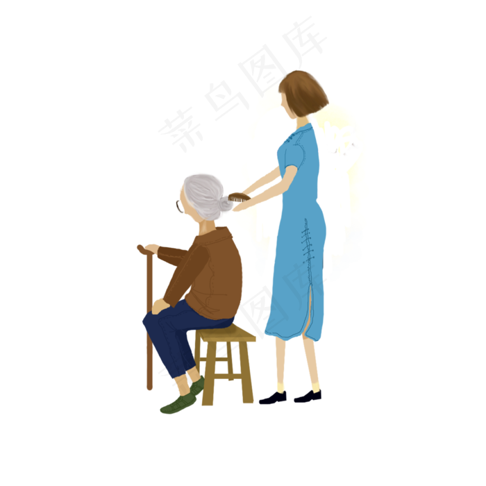 手绘重阳节帮妈妈梳头发的女儿