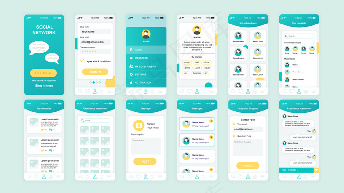一套ui，ux，gui屏幕社交网络应用程序app平面模板eps,ai矢量模版下载
