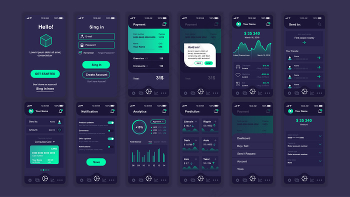 一组用户界面、用户体验、用户界面屏幕加密货币应用程序app平面模板