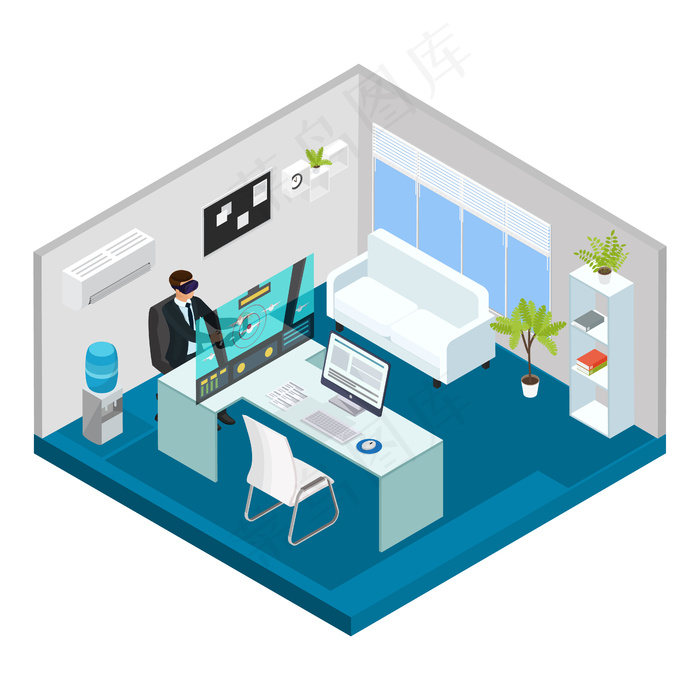 等轴测现代技术概念与人游戏虚拟现实耳机在办公室隔离