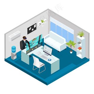 等轴测现代技术概念与人游戏虚拟现实耳机在办公室隔离