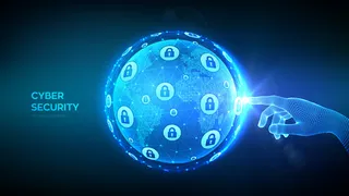 网络安全。信息保护和安全的安全理念。手触地球仪世界地图点和线组成。