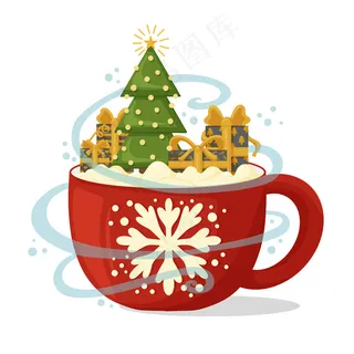 圣诞作文与咖啡杯，圣诞树和礼物。