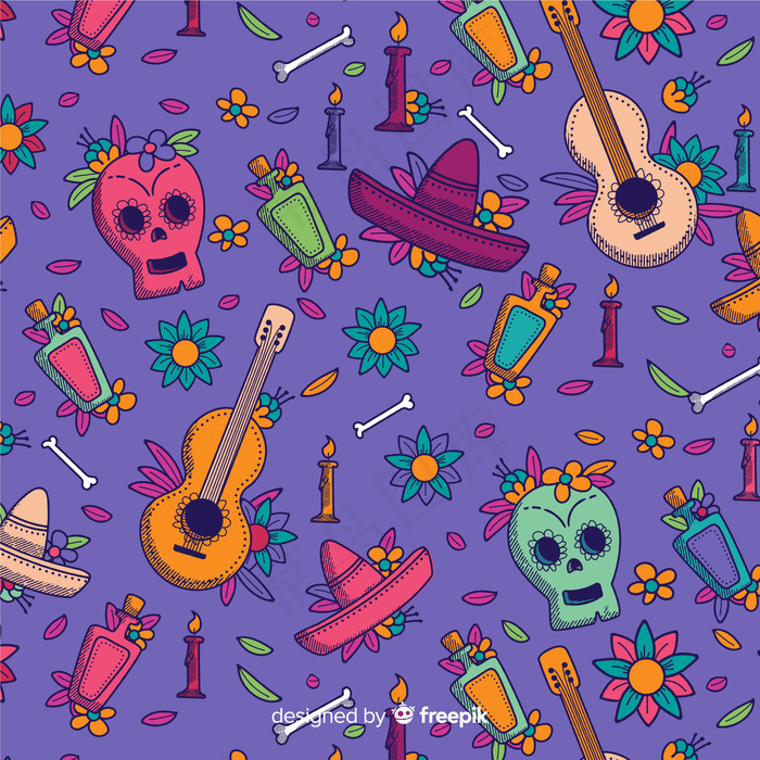 手绘dia de muertos图案eps,ai矢量模版下载