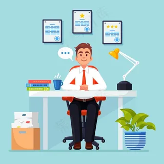 在办公桌旁工作的商人。办公室内部有文件、咖啡。坐在椅子上的经理