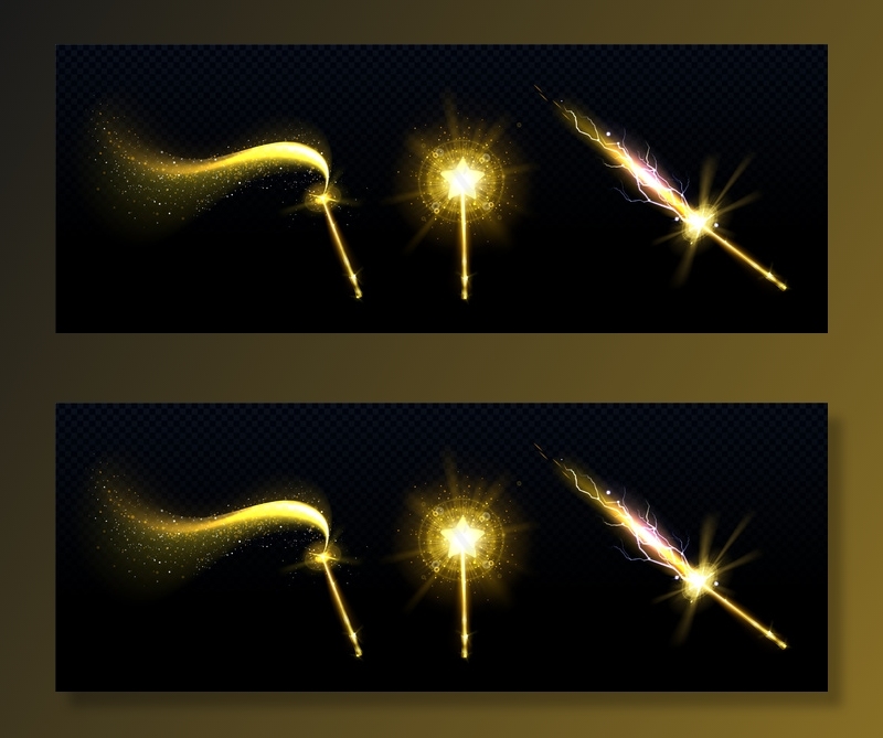 金色魔杖，透明表面上有星星和魔法火花eps,ai矢量模版下载