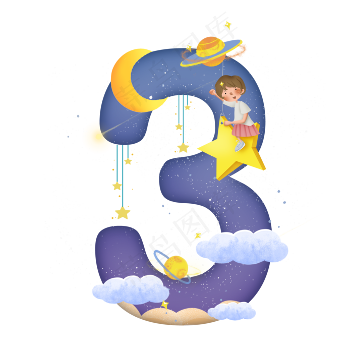 卡通儿童节星空女孩数字3(2000X2000(DPI:300))psd模版下载