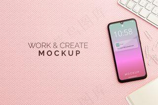 带智能手机的顶视图桌面概念