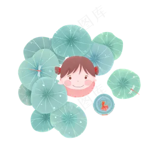 荷叶包围的女孩金鱼蜻蜓露珠白露