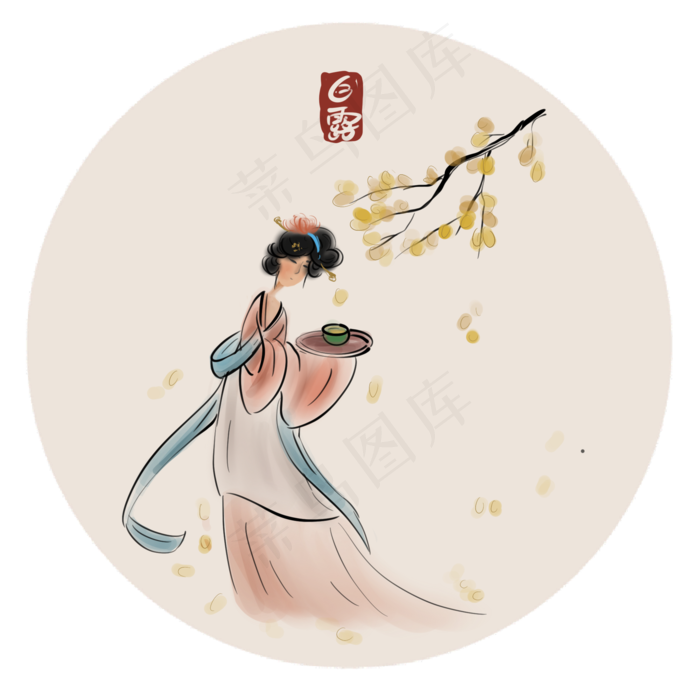 水墨喝秋茶的少女