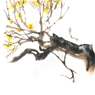 腊梅花开水墨画PNG免抠素材