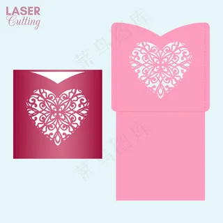 激光切割口袋信封与图案的心。情人节卡片模版。