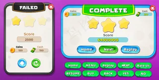 级别失败，并弹出带有按钮的“级别完成”菜单