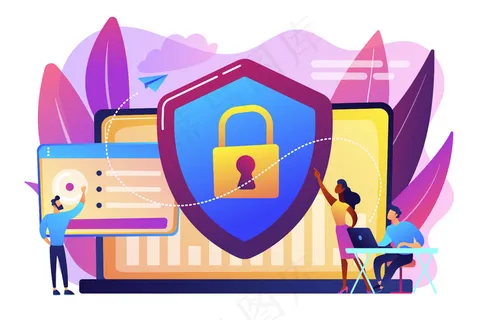 安全分析人员使用屏蔽保护与internet连接的系统。白色背景下的网络安全、数据保护、网络攻击概念。明亮明亮的紫罗兰色独立插图 安全分析人员使用屏蔽保护与internet连接的系统。白色背景下的网络安全、数据保护、网络攻击概念。明亮明亮的紫罗兰色独立插图