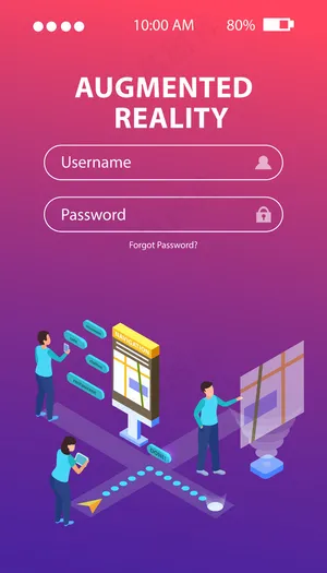 登录web表单，带有关于增强现实与人和聊天泡泡的等距插图