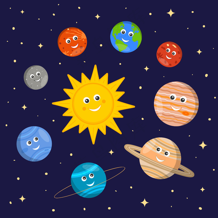 黑暗空间背景下卡通风格的儿童可爱太阳和行星角色的太阳系eps,ai矢量模版下载