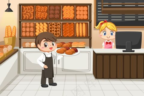 漂亮的收银员在柜台和年轻的男服务员在面包店卡通人物