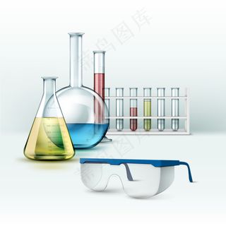 透明玻璃化学实验室试管、装有蓝色、粉色、黄色、绿色液体的烧瓶和背景隔离玻璃的向量集