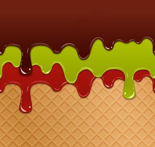 流动的浆果酱，绿色果冻和巧克力的华夫饼干冰淇淋纹理无缝模式。美味的糖果，五颜六色的新鲜早餐，