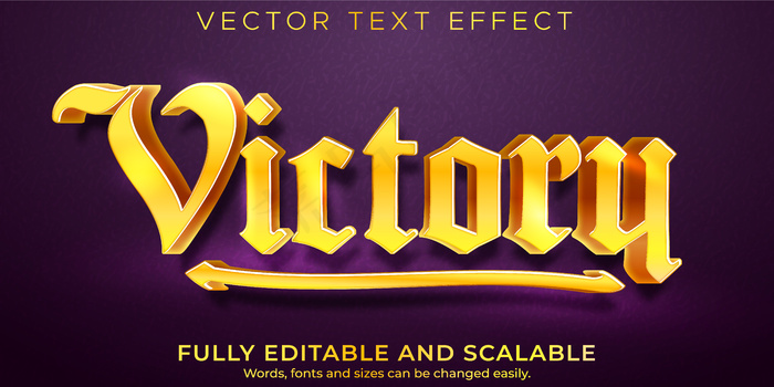金色胜利文本效果；可编辑游戏和金属文本样式